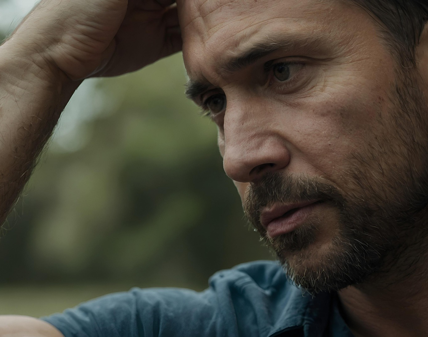 A pensive man with his hand on his head, contemplating a career change.